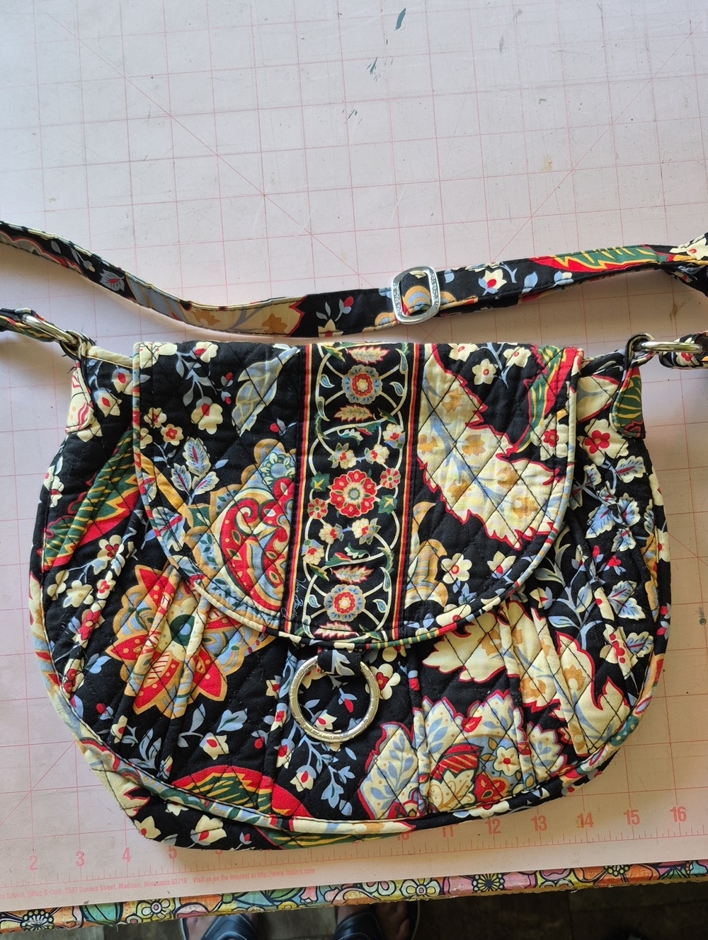 Vera Bradley Black Quilted Floral Crossbody with Red, Yellow and Blue Accents